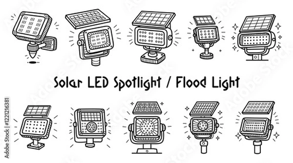Obraz Solar-powered LED flood and spotlight with panels illustration icon set, cute line art style for eco-friendly outdoor lighting designs.