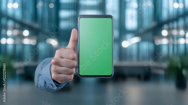 Fototapeta Businessman in modern office shows smartphone with green screen, expressing positivity with thumbs up gesture. Ideal for technology, success, and professional concepts in corporate environment
