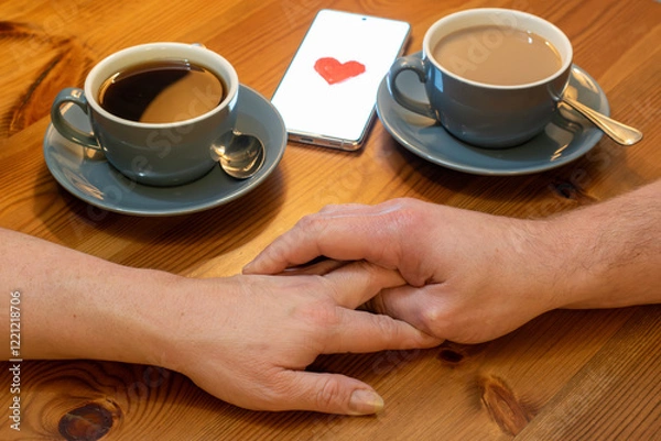 Fototapeta The image shows a couple sitting at a table with two cups of coffee. Their hands are clasped together, and there is a smartphone between them with a red heart on the screen.