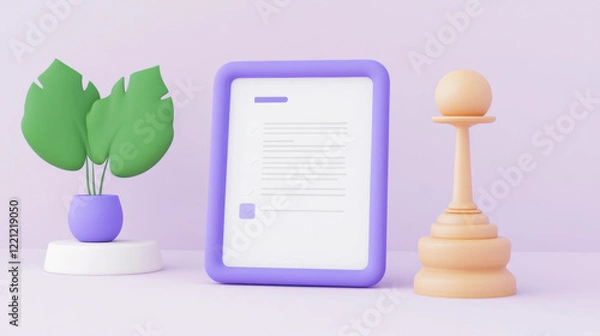 Fototapeta Policy Revision, A modern workspace scene featuring a purple-framed tablet, a wooden pawn, and a vibrant plant against a soft pastel background.