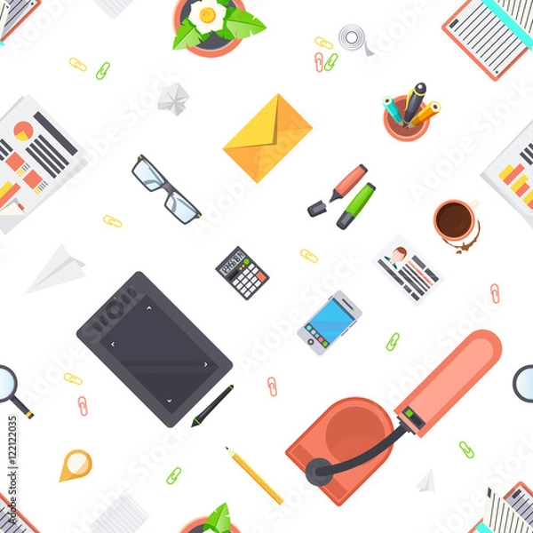 Fototapeta Workplace Objects Seamless Pattern 