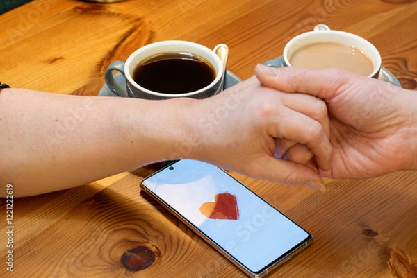 Fototapeta The image shows a couple sitting at a table with two cups of coffee. Their hands are clasped together, and there is a smartphone between them with a red heart on the screen.