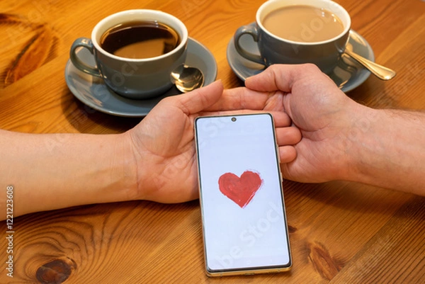 Fototapeta The image shows a couple sitting at a table with two cups of coffee. Their hands are clasped together, and there is a smartphone between them with a red heart on the screen.