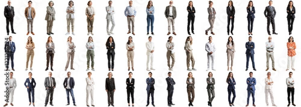 Obraz Many business people set isolated background, casual formal attire wear, full body length, networking mixed different diversed businesspeople, happy male female, successful career, crisp edges style