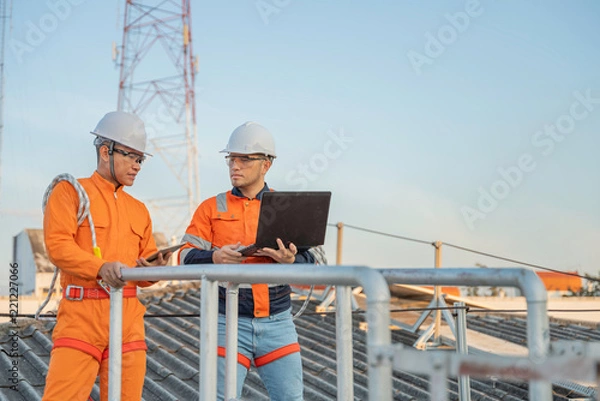 Obraz Telecommunication Engineers Working on 5G Tower,Technicians Climbing High Telecom Poles,Ensuring Network Maintenance with Safety Equipment