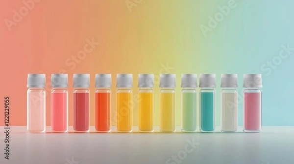 Fototapeta Colorful glass bottles filled with vibrant liquids arranged in a gradient pattern on a pastel background