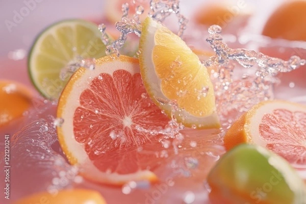 Fototapeta Colorful citrus fruits splash in refreshing water creating an invigorating scene of summertime delight and freshness