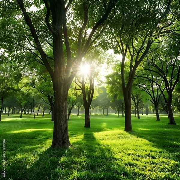 Fototapeta The lovely green trees dazzle with beauty، Serene Morning Light in Lush Green Garden - Fresh Nature Concept Backgrounds، Trees and grass in the city park on a sunny spring morning in Dallas۔
