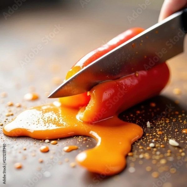 Fototapeta Close-up of a knife slicing a red pepper, fiery orange sauce splattering dramatically , culinary, vegetable