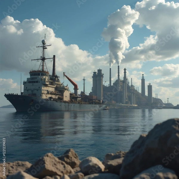 Fototapeta Cargo Ship Anchored Offshore with Industrial Complex Dominating the Skyline