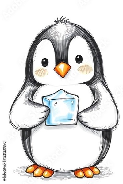Fototapeta cute penguin holding an ice cube, black and white illustration for kids coloring books and creative projects