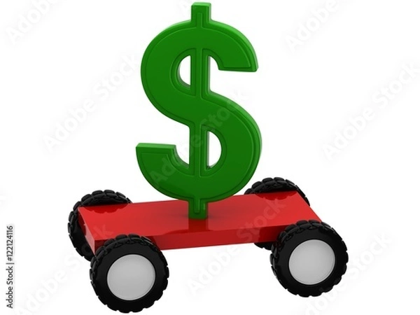 Obraz 3D dollar sign on wheels on a white background
