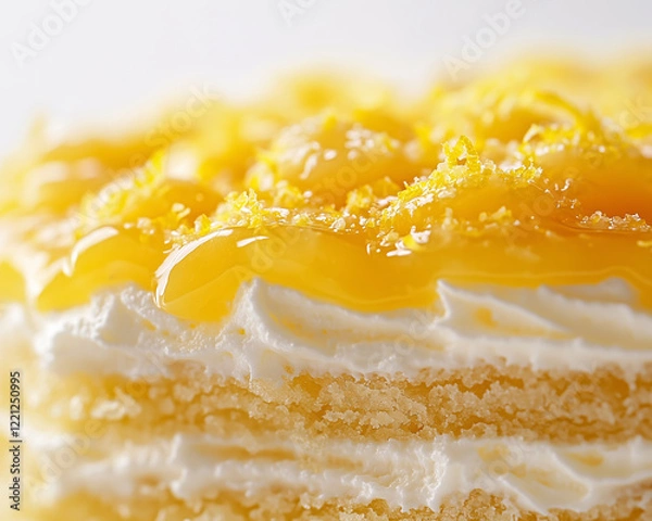 Fototapeta Close-up macro shot of a cheesecake's creamy layers topped with lemon curd and zest.