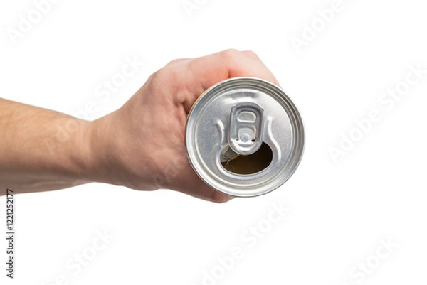 Obraz Top view of a male hand holding an opened aluminum can with a drink isolated on a transparent background