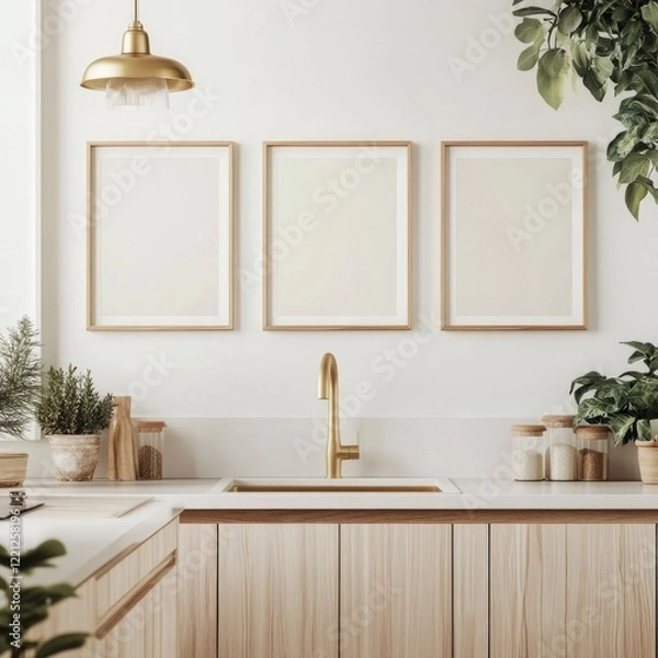 Fototapeta Minimalist kitchen with gold accents and three empty frames.