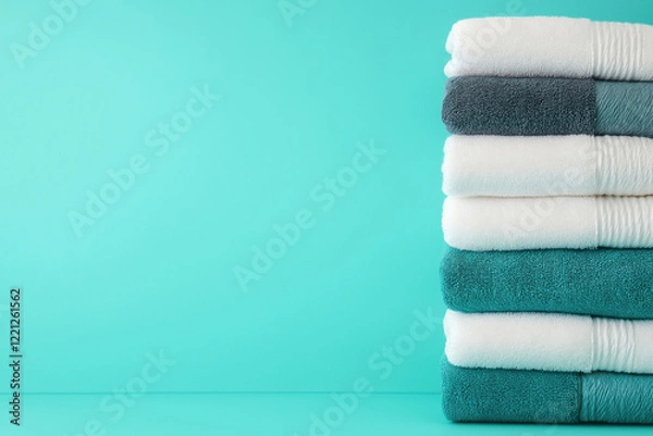 Fototapeta Soft towels stacked neatly in calming turquoise color scheme for relaxation