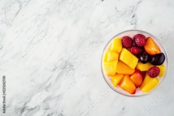 Fototapeta Refreshing fruit bowl with mango, raspberries, and cherries on marble surface