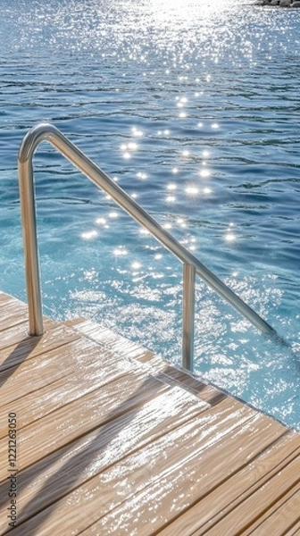 Fototapeta A contemporary swimming pool features sparkling water and elegant steps, nestled by the waterfront on a bright and sunny day