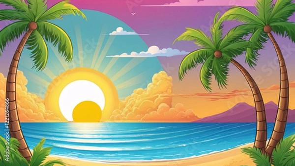 Fototapeta A Beautiful and Vibrant Sunset Over the Ocean with Lush Palm Trees Silhouetted Against the Sky