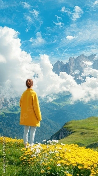 Fototapeta Traveler gazes at mountain view alps scenic over-the-shoulder perspective inspirational landscape