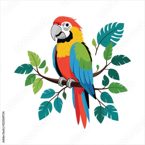 Fototapeta Colorful macaw perched on a branch with tropical leaves.