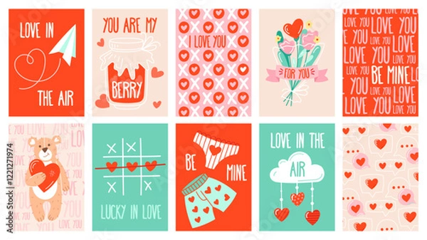 Obraz Collection of cartoon cards for St. Valentine's Day. Romantic elements, love, briefs, hearts, flowers, typography, patterns. Vector concept template, background, card, poster, cover set.