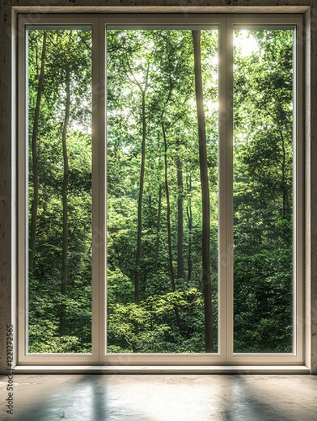 Fototapeta Scenic modern window view lush greenery,bright sunlight forest trees,serene garden vibes,interiors nature peaceful aesthetic design,sun,open,fresh,pane,eco-friendly,vibes,space,inside,clarity,retreat