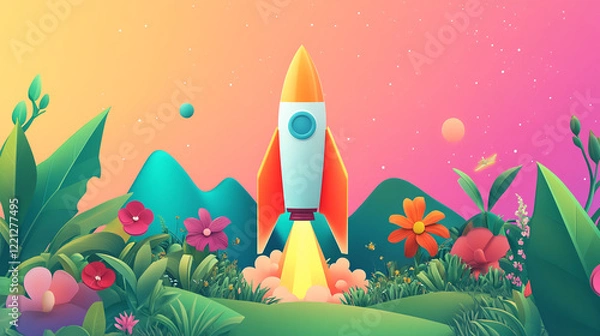 Fototapeta Rocket launch in a colorful floral landscape with vibrant gradient sky and space elements