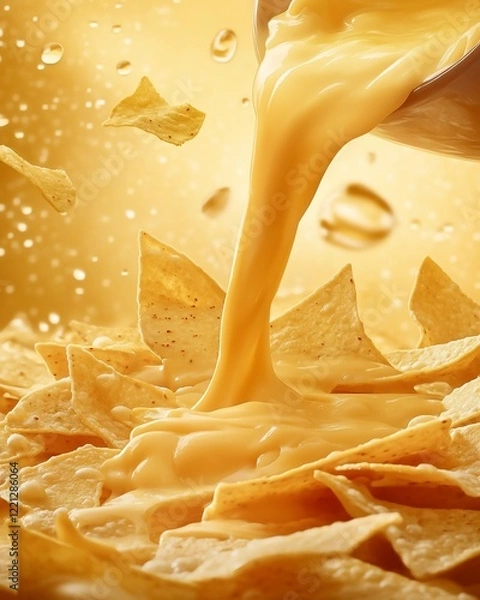 Obraz Artistic display of nachos with glistening cheese sauce, featuring dynamic golden light and textures.