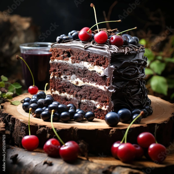 Fototapeta Slice of chocolate cake with whipped cream and cherries on top. The cake is cut into pieces and placed on a glass plate