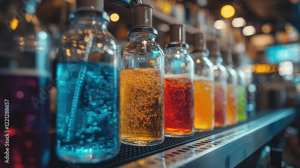 Fototapeta Colorful glass bottles filled with various beverages lined on a counter in a modern bar setting during evening hours
