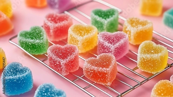 Fototapeta Fruit cube jelly candy on cake rack with colorful sugary candy heart shape isolated on a colorful background