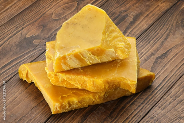 Fototapeta Natural beeswax chunks, handcrafted by a beekeeper, perfect for candle making, cosmetics, or DIY crafts. Rustic, eco-friendly, and versatile.  
