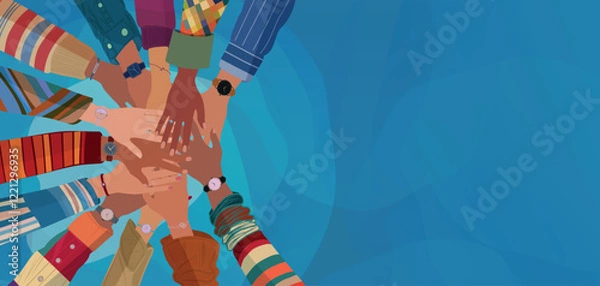 Fototapeta Group hands on top of each other of multicultural people. Community teamwork cooperation or ethnicity concept. Diverse culture.Diversity Equality Inclusion. Agreement between colleagues
