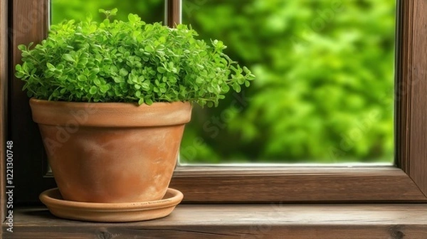 Fototapeta Bright green herb plant thrives in a terracotta pot, positioned on a wooden windowsill. lush garden is visible in the background, creating a serene and natural atmosphere during daylight