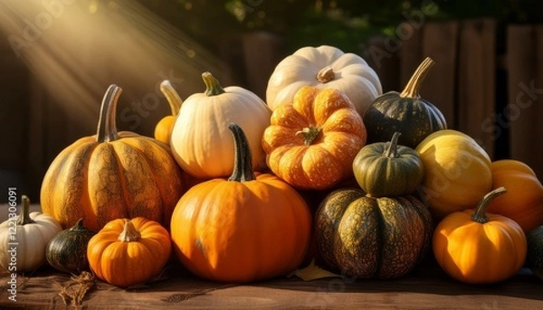 Fototapeta Generated image A pile of assorted squash and pumpkins with rustic textures in warm natural light