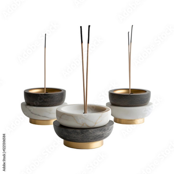 Fototapeta Minimalist Marble and Gold Incense Holders Isolated on Transparent Background