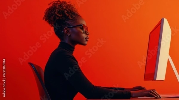 Fototapeta person sitting on a chair, Young woman focused at computer in a vibrant workspace during evening hours enhancing productivity and creativity, working late hours alone from home