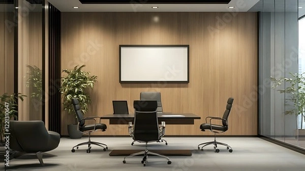 Fototapeta office interior with chairs empty frame mockup design. Stylish Office Space with Wooden Panels and Black Modern Wall Design empty 3d fame mockup