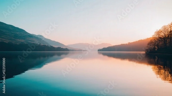 Fototapeta A calm lake with soft, rippling water reflects the pale blue sky and pinkish-orange hues of sunset, with trees and distant mountains creating a tranquil, dreamlike quality.