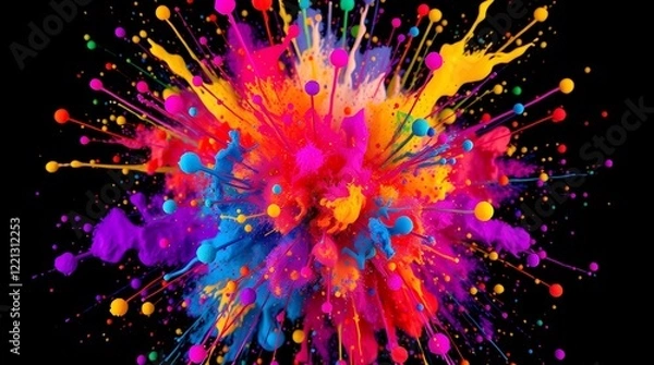 Fototapeta High-resolution stock photo of a vibrant, abstract explosion of colorful paint splatters against a black background. 