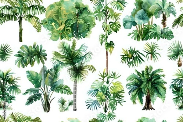 Fototapeta Watercolor tropical palm trees and exotic plants seamless pattern. Perfect for fabric design, wallpaper, digital art projects and summer themed designs.