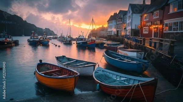 Fototapeta A vibrant sunset envelops a picturesque harbor. Colorful boats reflect the golden light on calm waters. This serene scene invites contemplation. Generative AI