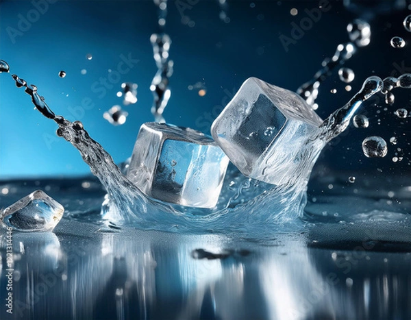 Fototapeta ice cubes splashing cool refreshing crystals with water drops