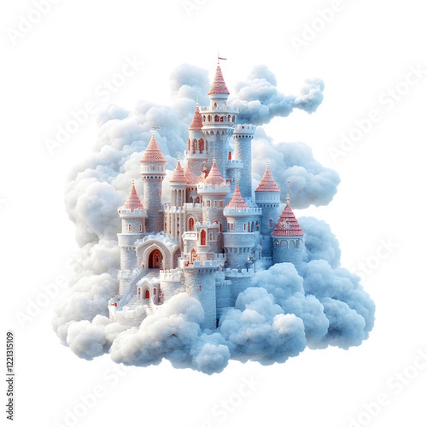 Obraz Fluffy 3D Cartoon Castle with Soft Clouds Isolated on Transparent Background