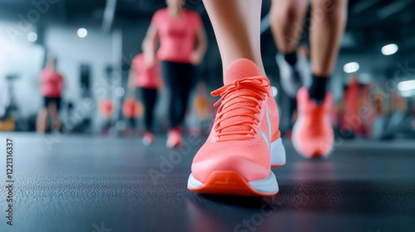 Fototapeta Low-angle close-up of a bright pink running shoe on a treadmill in a gym, with blurred people exercising in the background