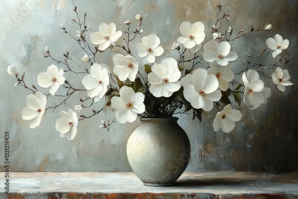Fototapeta a bouquet of white flowers in a simple ceramic vase standing on a wooden surface.  