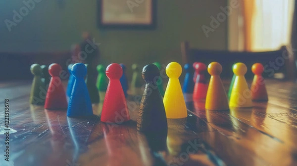 Fototapeta  Brightly colored game pieces standing on a polished wooden surface, symbolizing diversity, teamwork, and collaboration in a casual setting..