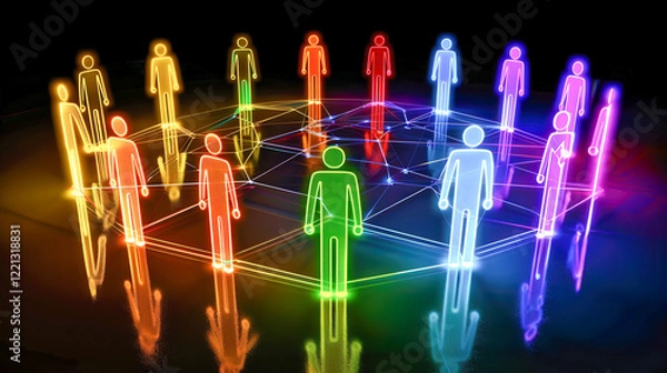 Fototapeta  Bright neon silhouettes of people connected by glowing lines, representing networking, communication, and collaboration in a futuristic design..