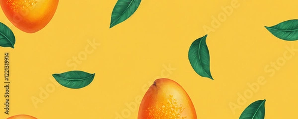 Fototapeta Bright mangoes with green leaves on vibrant yellow background creating a cheerful fruit pattern suitable for various designs